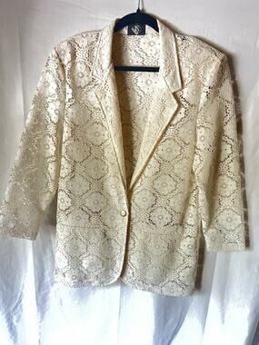 Vintage Lightweight Semi-Sheer Blazer Doily Floral Lace Crochet Off White Large